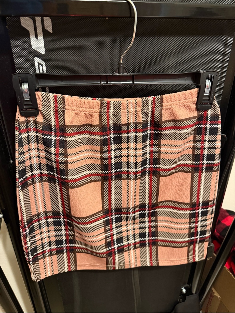 SHEIN Peach Plaid Mini Skirt with Black & Red Trim